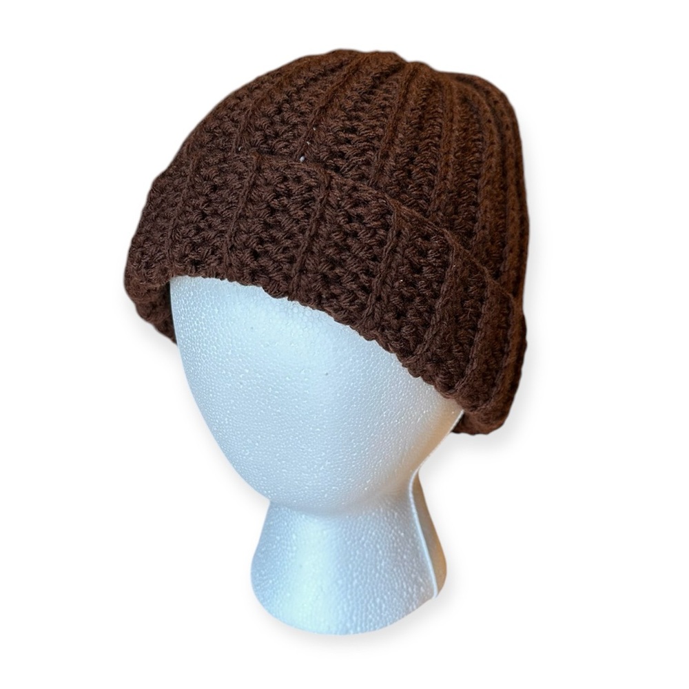 New Handmade Crochet Ribbed Beanie Fold over Hat Winter Fall Comfy Solid Brown